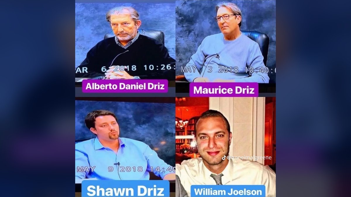 Deposition stills of Alberto, Maurice and Shawn Driz, and a photo of William Joelson